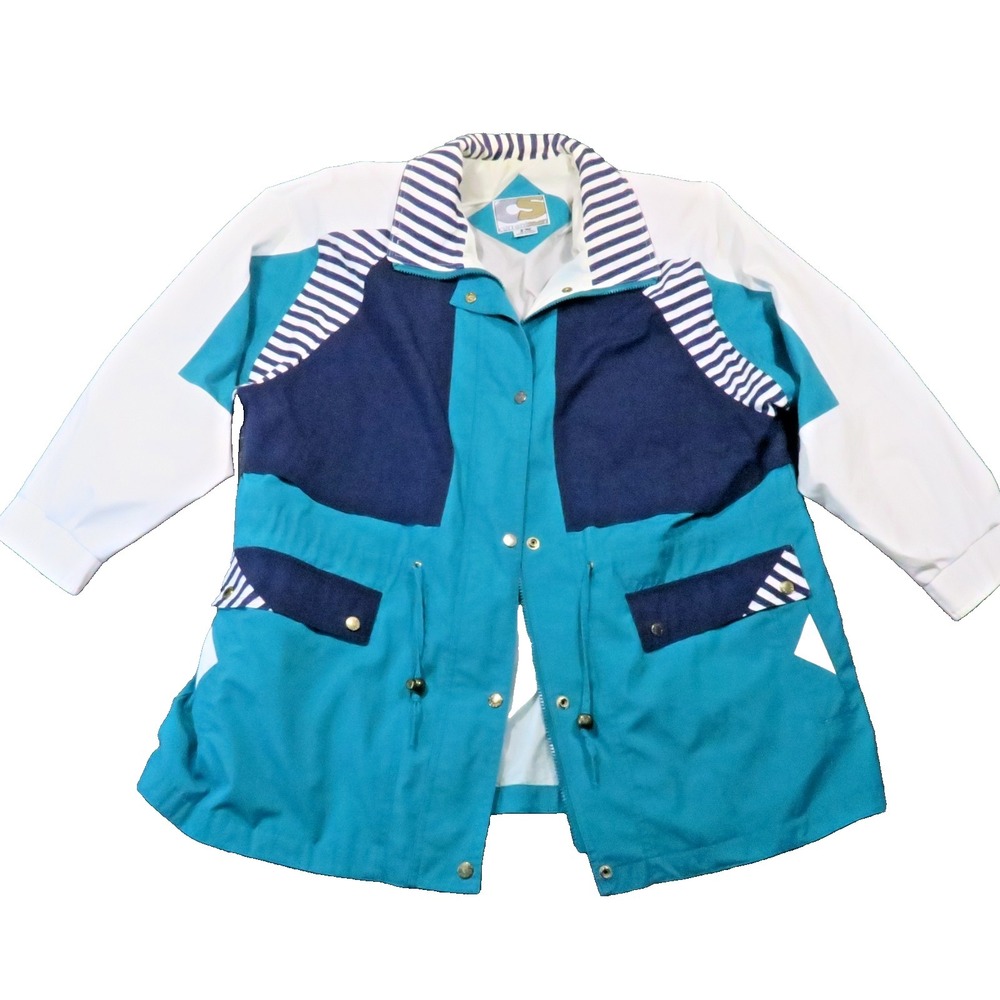 Current‎ Seen Windbreaker Jacket 1X Teal Navy Striped Nautical Coastal Vtg 90s